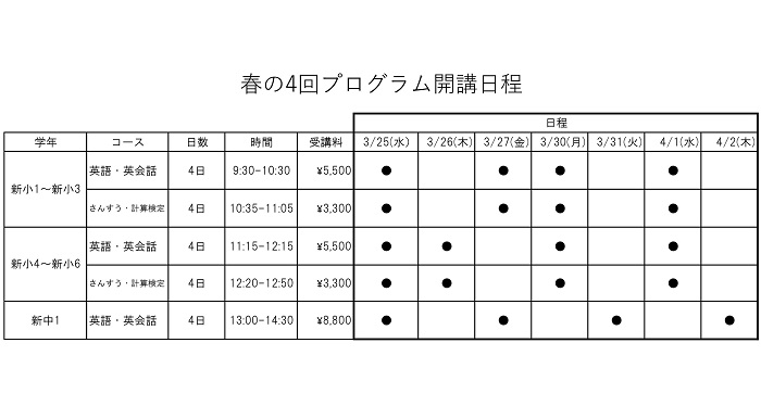 春の4回プログラム実施します！