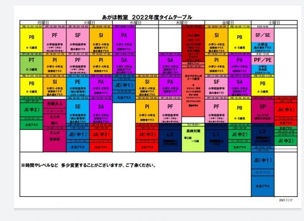 ２０２２年度タイムテーブル