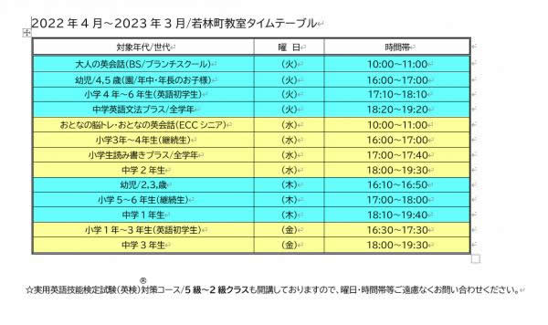 2022年/曜日・時間割表