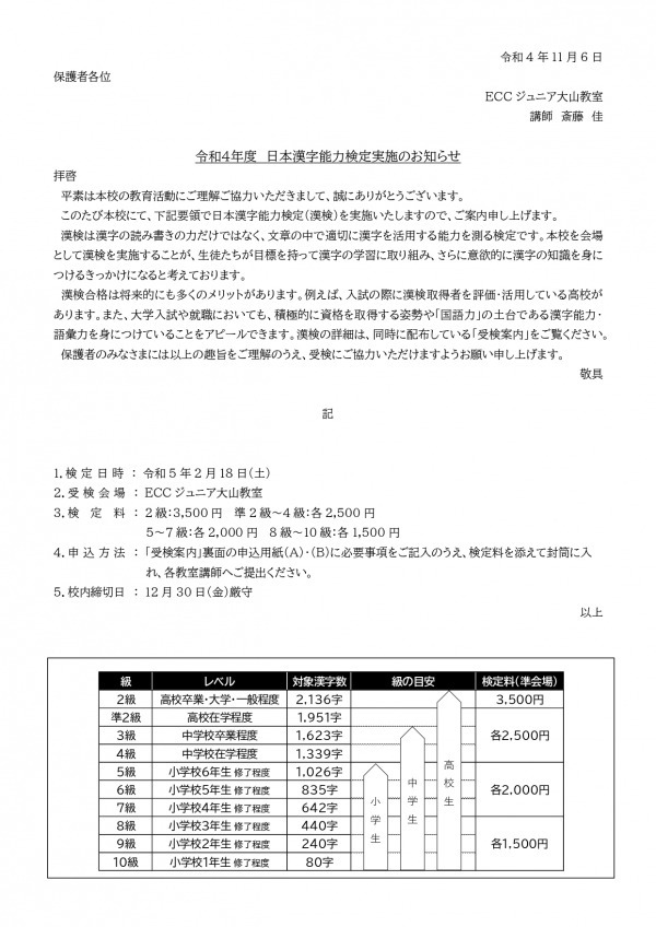 2022年度第3回日本漢字能力検定