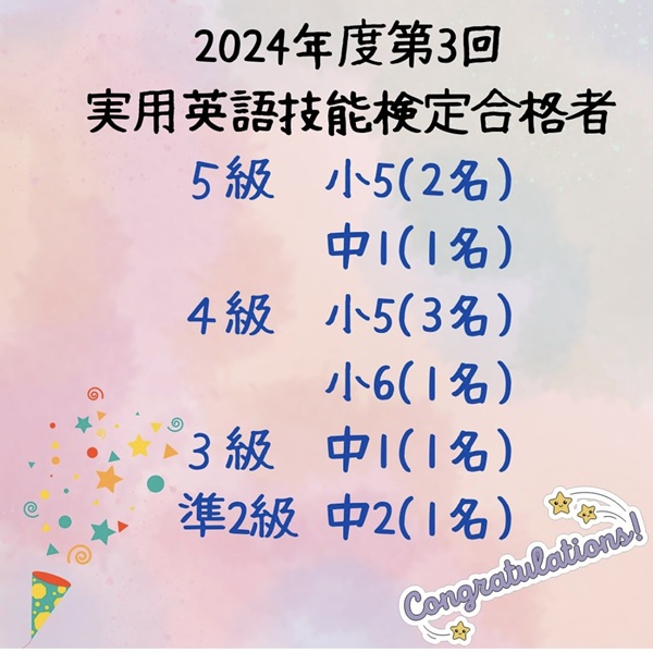 2024年度 第3回 実用英語技能検定 ECCジュニア川口教室/岩井新町教室 合格者数